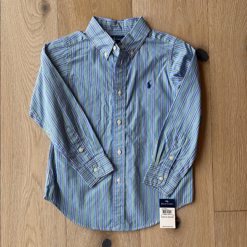 Ralph Lauren Boys Blue, Green & White Stripe Button-Down Shirt